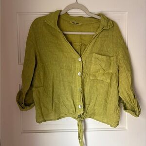 Moss Green Linen Button-Up Women Top